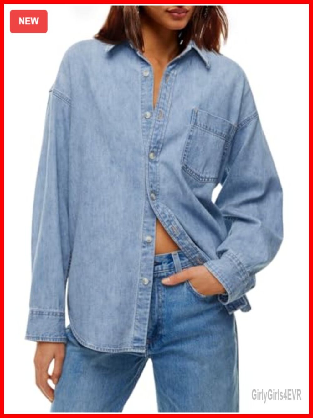 Oversized 100% Cotton Denim Button Down Shirt Long Sleeve